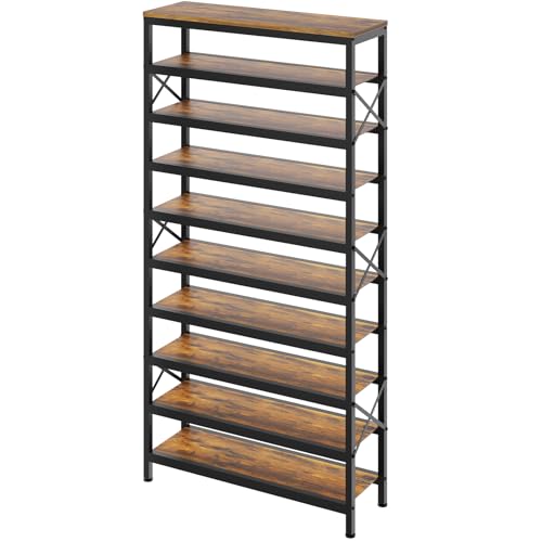 YATINEY 10-Tier Tall Shoe Rack Organizer, Wooden Shoe Storage for Closet Holds 40 Pairs, Sturdy Shoe Shelf with X-Shaped Metal Support, for Entryway, Bedroom, Rustic Brown and Black SS210BR - color: Rustic Brown + Black, size: 27.8" x 11" x 68.3"