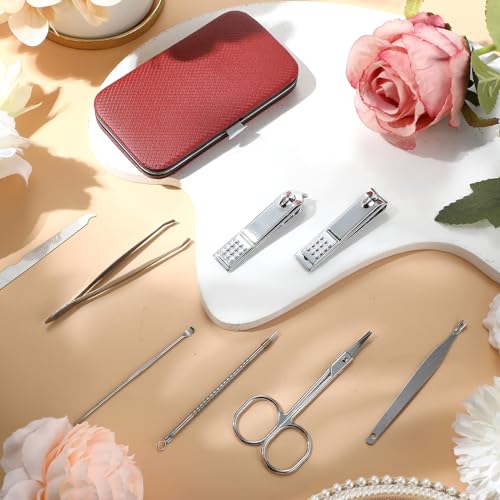 Geosar 50 Set 8 in 1 Travel Manicure Kit Bulk Professional Nail Clippers Pedicure Nail Care Tools Grooming Stainless Steel Set with Portable Travel Case, Gift for Valentine Men Women(Red) - color: Red