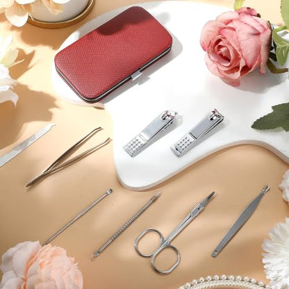 Geosar 50 Set 8 in 1 Travel Manicure Kit Bulk Professional Nail Clippers Pedicure Nail Care Tools Grooming Stainless Steel Set with Portable Travel Case, Gift for Valentine Men Women(Red) - color: Red