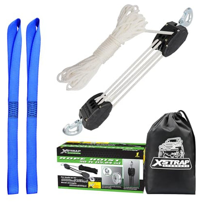 XSTRAP STANDARD Heavy-Duty 50 FT Reflective Rope Hoist Pulley System, White | Metal Wheels Bearing 2000 LB Breaking Strength Block and Tackle Pulley System for Lifting Heavy Objects, with 2pcs Soft Loops - color: 50ft White Upgraded