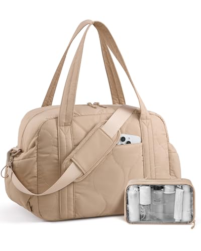 LOVEVOOK Travel Bags for Women, Puffer Weekender Womens Gym Bags with Toiletry Bag, Lightweight Carry on Overnight Bag Hospital Bag, Personal Item Bag for Airplanes - color: Khaki, size: 32L-2 Pcs