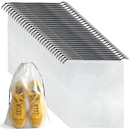 32 Pcs Shoe Bags for Travel，PLULON 15.7" x 11.8" Clear Drawstring Storage Plastic Bags Shoes Organizer for Packing Waterproof Dustproof Women Men Portable Travel Essentials - color: Clear with Black String