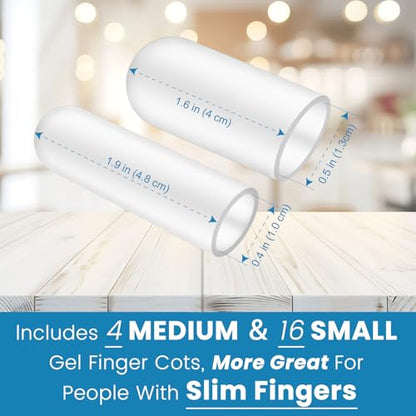 20Pcs Gel Finger Cots, Small Silicone Finger Protectors Sleeves, Fingertip Cover Caps to Heal Cracked, Eczema, Peeling, Hangnails, Corn, Calluses - size: medium and Small