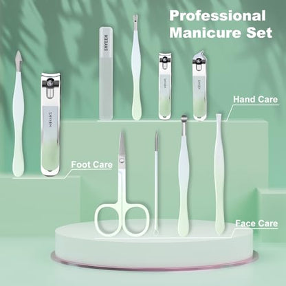 Manicure Set, 10 pcs High-Carbon Steel Nail Clippers Set, Portable Mini Manicure and Pedicure Kit, Travel Grooming Nail Kit with Leather Bag for Men and Women - color: Green