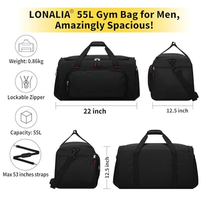 55L Sports Gym Duffle Bag for Men, 22 inch, Black | Large Capacity, Workout, Travel, Weekender, Fitness, Heavy Duty, Multi Pockets, Spacious - color: Black
