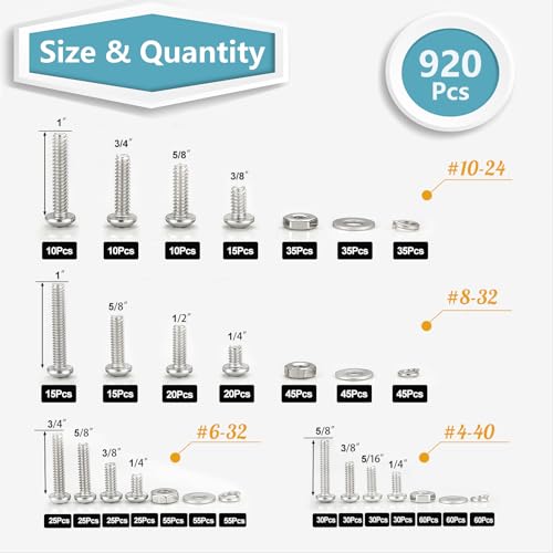 Kadrick 304 Stainless Steel Screws,920Pcs Machine Screw Assortment,#4-40#6-32#8-32#10-24 Assorted Phillips Pan Head SAE Screws Nuts & Washers Set,Bolts and Nuts Kit - size: SS #4-#10 920Pcs