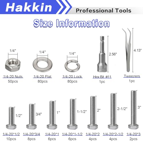 252Pcs 1/4-20 Hex Bolts and Nuts Kit, Stainless Steel Nuts and Bolts Assortment Kit, Fully Threaded Hex Bolt 1/4-20 x 1/2”, 3/4”, 1”, 1-1/2”, 2”, 2-1/2”, 3” Screws Nuts Flat Lock Washer Kit Hakkin - size: Set 12: 1/4-20