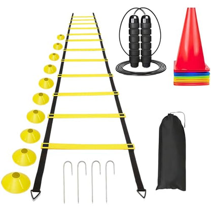 Training Set Ladder Agility, Rung Speed 12 19.7 Ft (6 Meters), with Cones Soccer 10 & Bag Carry, Equipment Training Soccer, Speed, Agility, Drills Coordination