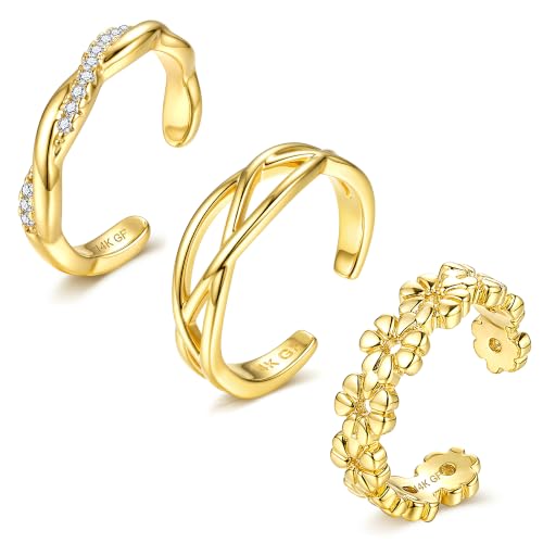 FIASASO 3Pcs Gold Filled Toe Rings for Women Non Tarnish 14K Gold Filled Toe Ring Adjustable Flower Cz Dainty Toe Ring Summer Beach Open Toe Rings Set Toe Jewelry Foot Jewelry - color: 14K Gold Filled flower