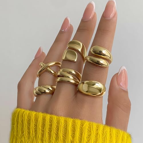 YEEZII Chunky Gold Rings for Women Non Tarnish, 18K Gold Plated Stackable Thumb Ring, Statement Women Rings Set - color: Gold