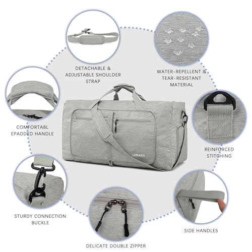 65L Foldable Duffle Bag with Shoe Compartment - Large Travel Duffel Bag for Men & Women, Packable Weekend Bag with Trolley Sleeve, Water-Resistant & Lightweight Gym Bag for Travel, Sports（Beige） - color: Beige