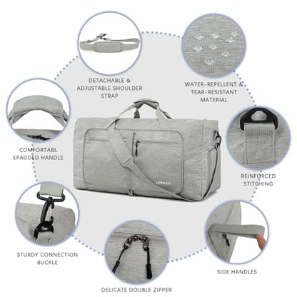 65L Foldable Duffle Bag with Shoe Compartment - Large Travel Duffel Bag for Men & Women, Packable Weekend Bag with Trolley Sleeve, Water-Resistant & Lightweight Gym Bag for Travel, Sports（Beige） - color: Beige