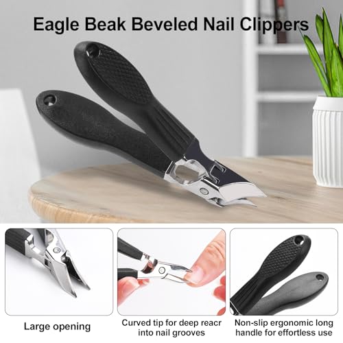 Eagle Beak Nail Clippers for Ingrown & Thick Nails – Beveled/Slanted/Angled Blades, Long Handle Wide Jaw, Anti-Splash Ultra Sharp Stainless Steel Edge 3-Piece Set for Men/Women (Black) - color: Black
