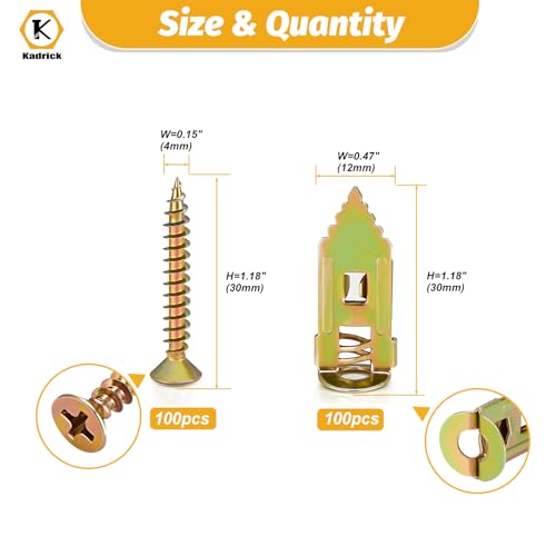 Kadrick 200Pcs Self Drilling Drywall Anchors with Screws，Zinc Plated Steel,2025 Upgraded Hollow Wall Anchors and Screws Kit, Easy Application No Drill or Holes in Wall(100 Anchors and 100 Screws) - size: 200Pcs M4*30+12mm*30mm