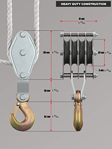 Block and Tackle Pulley System for Lifting Objects - SoB 4000LB Breaking Strength with 65 Feet of 3/8" Rope - 7:1 Lifting Power - Heavy Duty Rope Hoist Pulley System for Garage Warehouse Construction