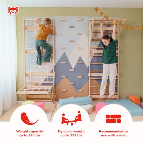 Wood And Hearts 4in1 Modular Swedish Wall Gym Set for Kids Indoor Active Play – Wooden Swedish Ladder with Adjustable Pull-Up Bar, Rope Climbing Wall & Rock Climbing Panels (Base Set + Sit-Up Bar) - style: Base Set + Sit-Up Bar