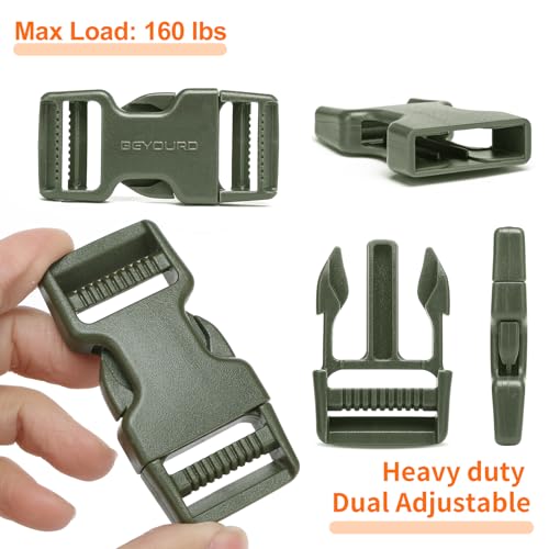 BEYOURD 1 inch Buckles and Strap Set: 10 Yards Polyester Webbing Strapping, 6 Pack Dual Adjustable Side Release Plastic Buckles, 12 PCS Tri-Glide Slider Clips for Hiking equipment, Olive Green - color: Olive Green