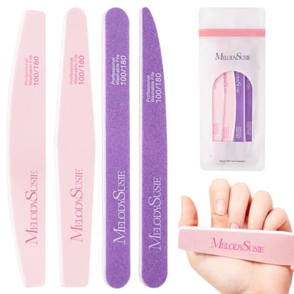 MelodySusie 4Pcs Professional Nail Files 100/180 Grit, Double Sided Emery Boards for Acrylic, Gel and Natural Nails, Manicure Pedicure Shaping Tools for Home Salon, Pink & Purple - size: 4Pcs Mix Shape