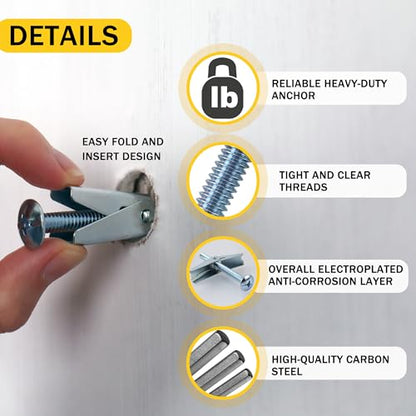 Toggle Bolts for Drywall 30 Sets, 3 Sizes Hollow Wall Anchors Kit with Bit | Heavy Duty Carbon Steel Withstands Rust, Wing Nuts Open Behind Wall for Even Hold, Ideal for Ceilings, Shelves & Lights