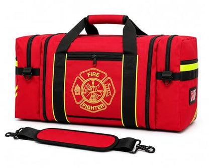 Firefighter Turnout Gear Bag – Heavy Duty Fire Resistant Equipment Duffel with Ventilation Pocket, Reflective Striping, Name Holder & Padded Shoulder Strap – Fireman Gear Bag (Red)