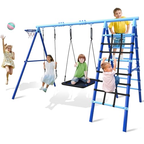 5-in-1 Metal Backyard Swing Set for Kids Outdoor Playground Equipment | 43" Platform Swing & Belt Seat, Climbing Rope Ladder, Rigid Ladder, Basketball Hoop, Enjoy Park-Style Fun Right At Home