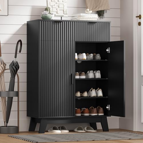 HUANLEGO Shoe Cabinet Storage for Entryway with Doors, Black | 4 Tier Fluted Shoe Organizer with 2 Drawers, Shoe Storage with Adjustable Shelves, Freestanding Hidden Shoe Rack for Entryway - color: Black, size: 4 Tier