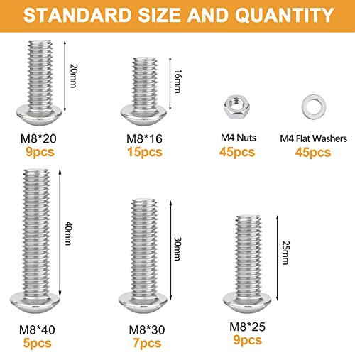 M8-1.25 x 16/20/25/30/40mm Button Head Socket Cap Screws VIGRUE 135PCS M8 Allen Hex Drive Screws Nuts Washers Assortment Kit 18-8 Stainless Steel 304, Bright Finish, Fully Threaded - size: m8 button stainless 16-40mm