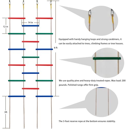 Innovative Rainbow Kids' Wooden Rope Ladder - 3/4/5-Group Connectivity, 14-Inch Wide, Ideal Ninja Warrior Accessory for Tree, Swing & Play (Set1: 3-Interlinked Natural Wood Ladders)