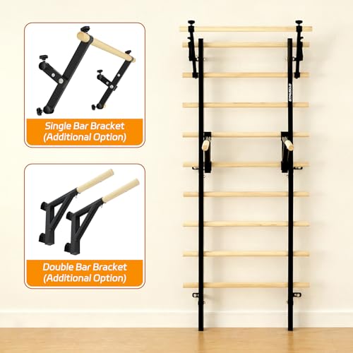 Wood Swedish Ladder Stall Bars with Adjustable Double Support Arms, Wooden Gymnastics Wall Climbing Bars for Home Gym, Exercise Rehabilitation, Hanging Pull Up & Core Balance Training Station