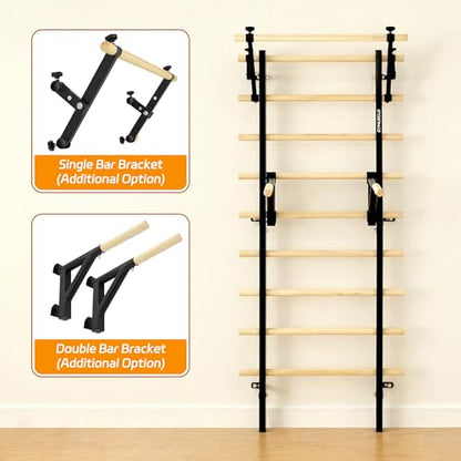 Wood Swedish Ladder Stall Bars with Adjustable Double Support Arms, Wooden Gymnastics Wall Climbing Bars for Home Gym, Exercise Rehabilitation, Hanging Pull Up & Core Balance Training Station