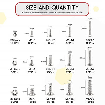 Hilitchi 510pcs M3 M4 M5 Stainless Steel Flat Head Hex Socket Head Cap Bolts Screws Nuts Assortment Kit - 304 Stainless Steel (Flat Head) - style: Flat Head
