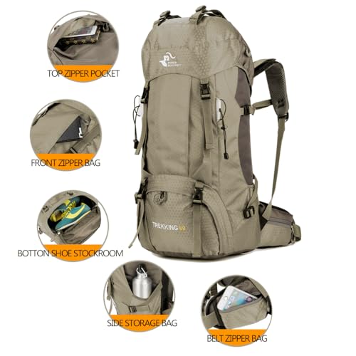 Bseash 60L Waterproof Hiking Camping Backpack with Rain Cover, Large Outdoor Sport Travel Daypack Rucksack for Climbing - color: Greyish Green