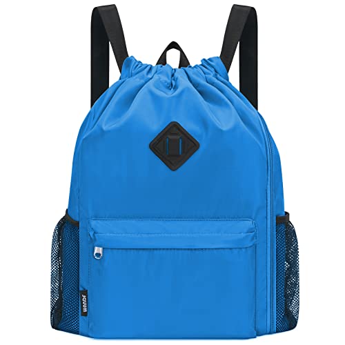WANDF Drawstring Backpack with Shoe Compartment, Sports Gym Bag | Multi-Pocket Storage, Water-Resistant Fabric, Cinch String Bag - color: L, Dark Blue, size: Large