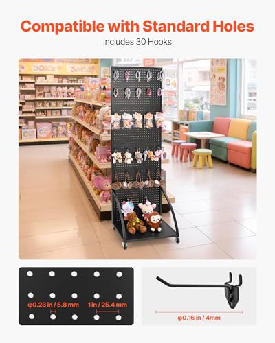 VEVOR Standing Pegboard Display with Base Plate, 23.7 x 66 in Pegboard Display Stand with Casters and 30 Hooks, Thickened Cold-Rolled Steel Peg Board Panel for Retail Store and Jewelry Shop, Black - style: Storage Style