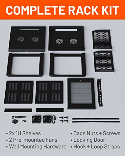ECHOGEAR 9U Network Rack w/Enclosed Design, Easy Install, 600mm Depth | Enclosed server rack includes pre-mounted fan, 2x 1U shelves, lockable door, wall mountable design, all hardware for install - size: 9U