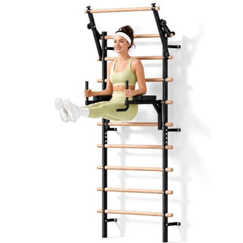 LIFERUN Swedish Ladder Wall Gym with Adjustable Pull-Up & Dip Bar | 92" Solid Beechwood, 264Lbs Capacity, Wall Mounted 9 Anchor Rods, Ideal for Home, School, Therapy & Gymnastics Training