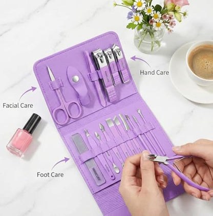 16pcs Stainless Steel Nail Care Tools Grooming Kit | Nail Clipper Set,Manicure and Pedicure kit,Luxurious Travel Case nail clippers Thick Nails Men Women Gift