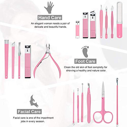Manicure Set Professional Nail Clippers Kit Pedicure Care Tools- Stainless Steel Women Grooming Kit 18Pcs for Travel or Home (Pink) - color: Sakura Pink