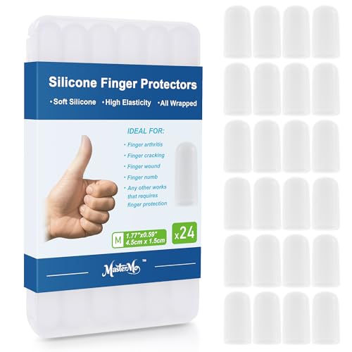 Gel Finger Cots Protectors, Silicone Fingers Covers Bandages Caps Sleeves for Fingertip Thumb Protection, Ideal for Trigger, Arthritis, Cracking, Blisters, Callus, Hangnail & Pain Relief (Clear, M, 24PCS) - color: Clear, size: M(24)