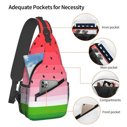 Cute Cartoon Watermelon Crossbody Sling Bags for Women Men Watermelon Background with Black Seeds Travel Sling Backpack Casual Shoulder Bag Tropical Summer Fruit Gym Sports Hiking Daypack - color: Red Pink Green