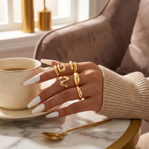 YEEZII Chunky Gold Rings for Women Non Tarnish, 18K Gold Plated Stackable Thumb Ring, Statement Women Rings Set - color: Gold-B