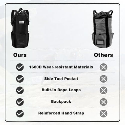 AOLEBA Arborist Rope Storage Bag Tree Climbing Rock Rope Bucket Backpack Rope Storage Bag Large Capacity 1680D Thicken Nylon Material with Hand Straps, Side Pockets - color: Black