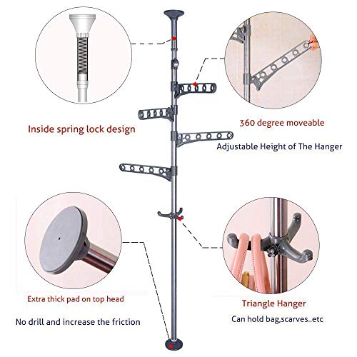 BAOYOUNI 4-Tier Standing Clothes Laundry Drying Rack Coat Hanger Organizer Floor to Ceiling Adjustable Metal Corner Tension Pole, Grey | Metal Corner Tension Pole，Floor to Ceiling Adjustable ， Space-Saving Laundry Organizer，No Drilling Required