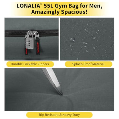 55L Large Sports Duffle Gym Bag for Men, 22 inch, Gray | Heavy Duty, Gym Duffel Bag, Multi Pockets, Spacious - color: Grey