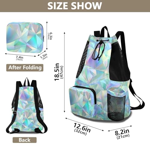 Drawstring Climbing Gym Bag With Pockets Drawstring Backpack with Wet Dry Compartments Holographic Shine Pattern Colorful