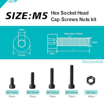M5 x 10mm 20mm 30mm 40mm Hex Socket Head Cap Screws Bolts and Nuts, 12.9 Grade Alloy Steel, Black Oxide Finish, Metric Allen Drive, Fully Thread, Assortment Kit 80PCS - size: Socket M5x10-40mm+Nuts