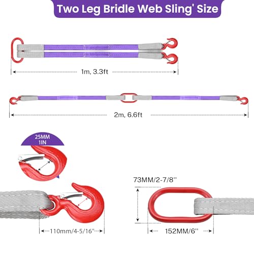 2 PCS Lifting Slings Straps with Hooks - 3.3 FT, 4409LB Pounds Capacity, Polyester Bridle Sling, Heavy Duty Two Leg Rigging Strap for Engines, Cranes, Hoists, Truck