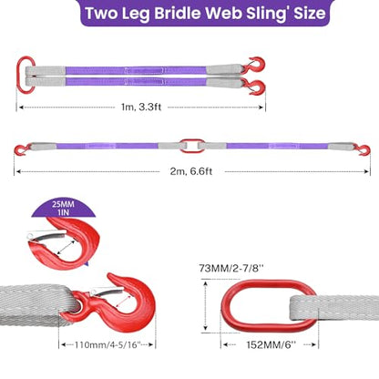 2 PCS Lifting Slings Straps with Hooks - 3.3 FT, 4409LB Pounds Capacity, Polyester Bridle Sling, Heavy Duty Two Leg Rigging Strap for Engines, Cranes, Hoists, Truck, Purple