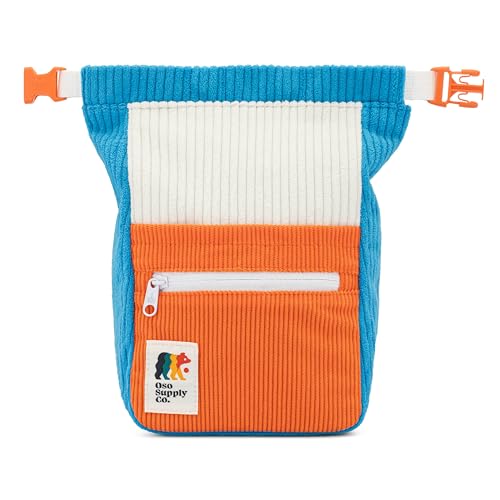 Oso Supply Co - Retro Corduroy Bouldering Bucket, Large Size Freestanding Chalk Bag for Rock Climbing, Magnetic Roll Down Closure, Dual Brush Loops, Zippered Pockets and Pouch - color: Orange and Blue