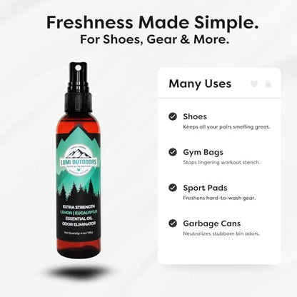 Lumi Outdoors Natural Shoe Deodorizer Spray - Odor Eliminator | Destroys Stubborn Shoe Smells at the Source - 700+ Sprays - Sneakers, Work Boots, Cleats & Gym Bags - Lemon Eucalyptus Scent - style: 1 Pack - Lemon Eucalyptus